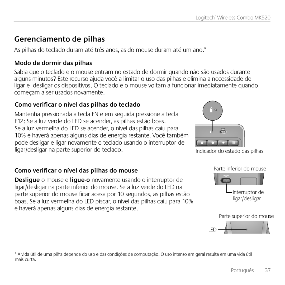 Logitech MK520 Gerenciamento de pilhas, Modo de dormir das pilhas, Como verificar o nível das pilhas do teclado, Português 
